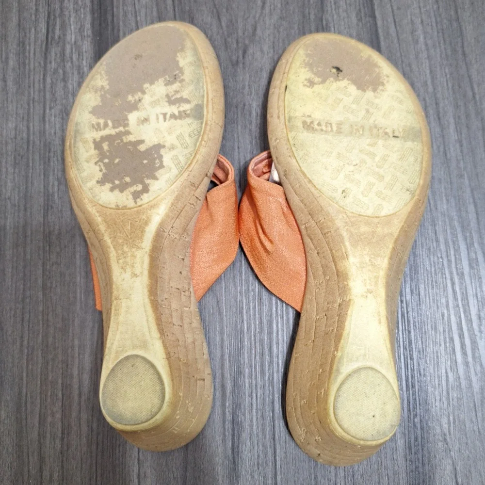 Orange Fabric Rhinestone Thong Wedge Sandals Cork Footbed Made in Italy Size 9